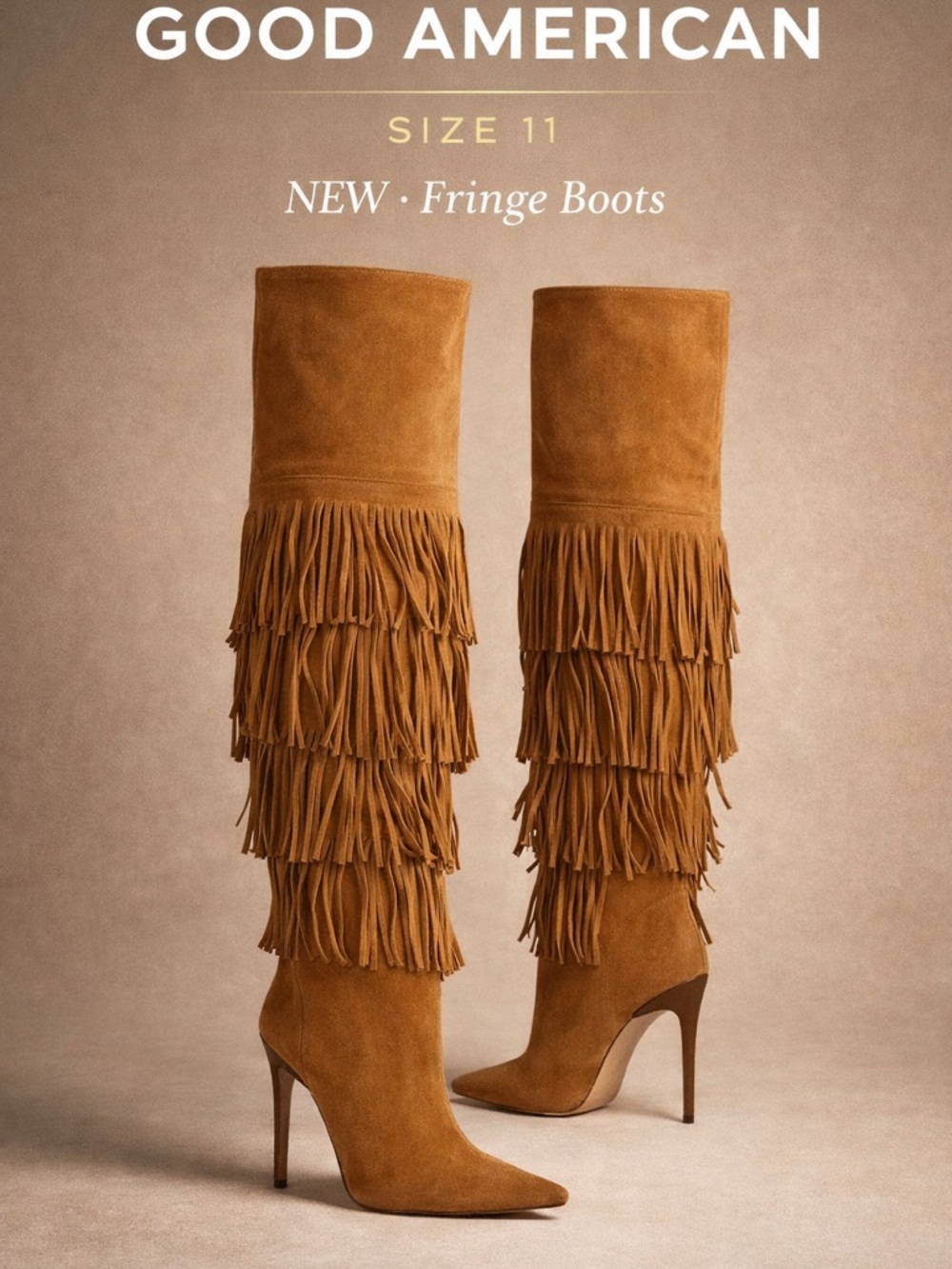 NEW Good American Tan Suede Fringe Over-the-Knee Boots Size 11 Western Luxe